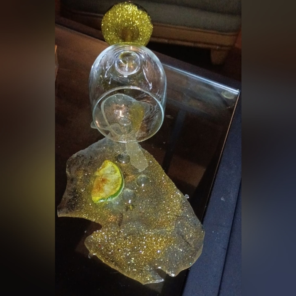 Handmade Gold Glitter Resin Spill Art with Lime Accent - Home Art